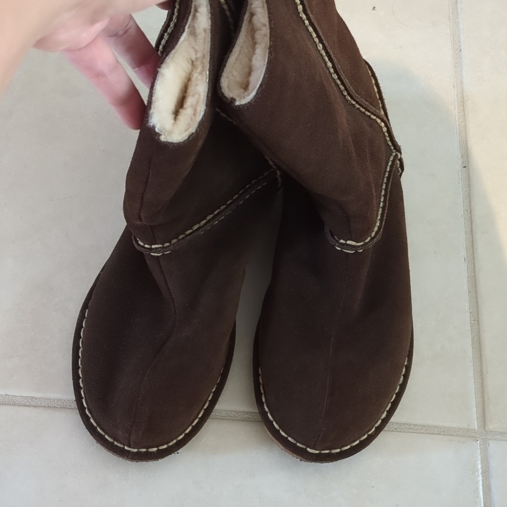 Brown suede Sherpa Land's End lined Mid calf Gum bottom winter boho boots W 10